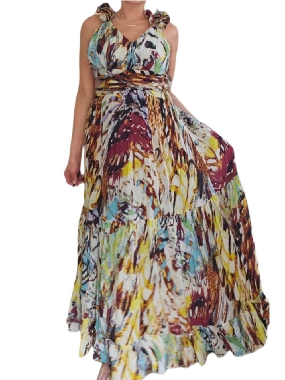 Beatiful Long Colorful Cutout Ruffle Boho Maxi Dress Size Medium